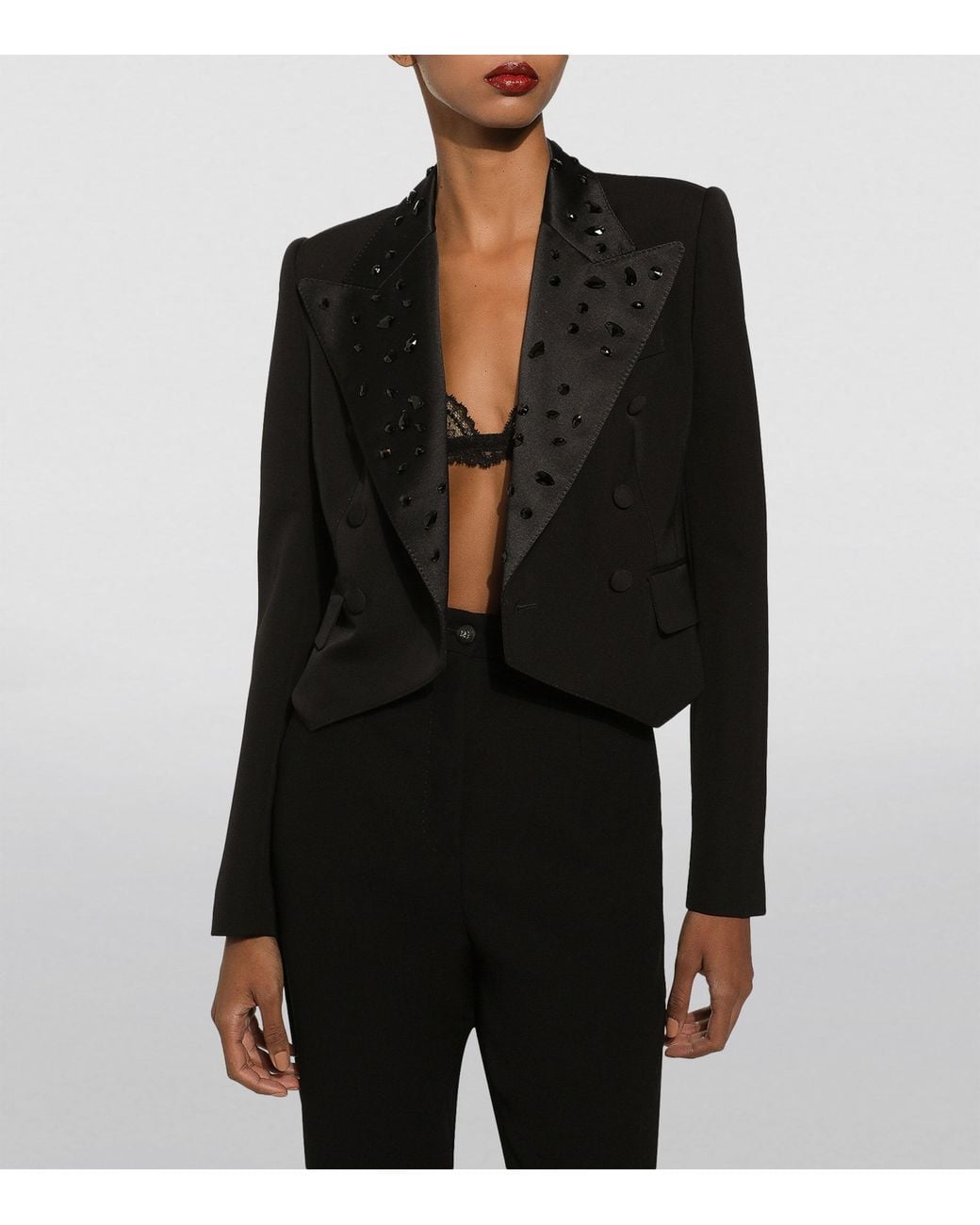 Dolce & Gabbana Black Virgin Wool-Blend Embellished Cropped Blazer