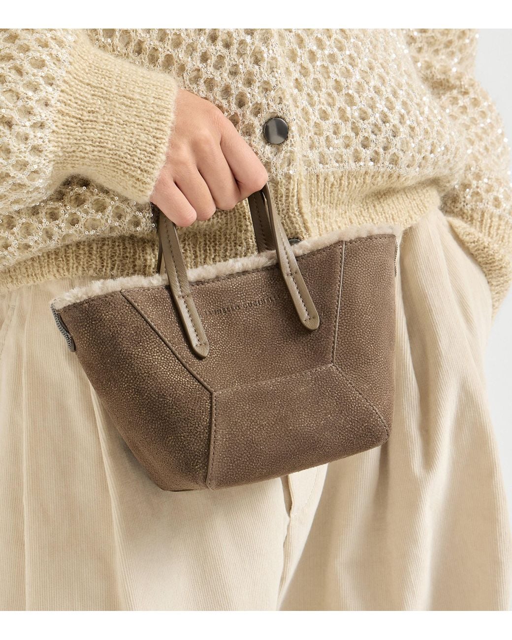 Brunello Cucinelli Brown Mini Sparkling Leather Bc Duo Top-Handle Bag