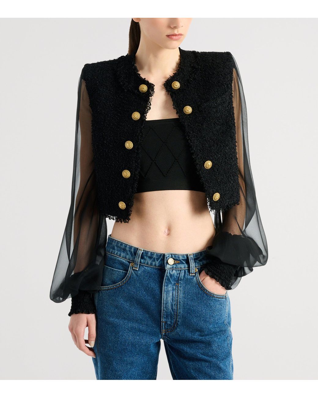 Balmain Black Tweed Muslin-Sleeve Blouse