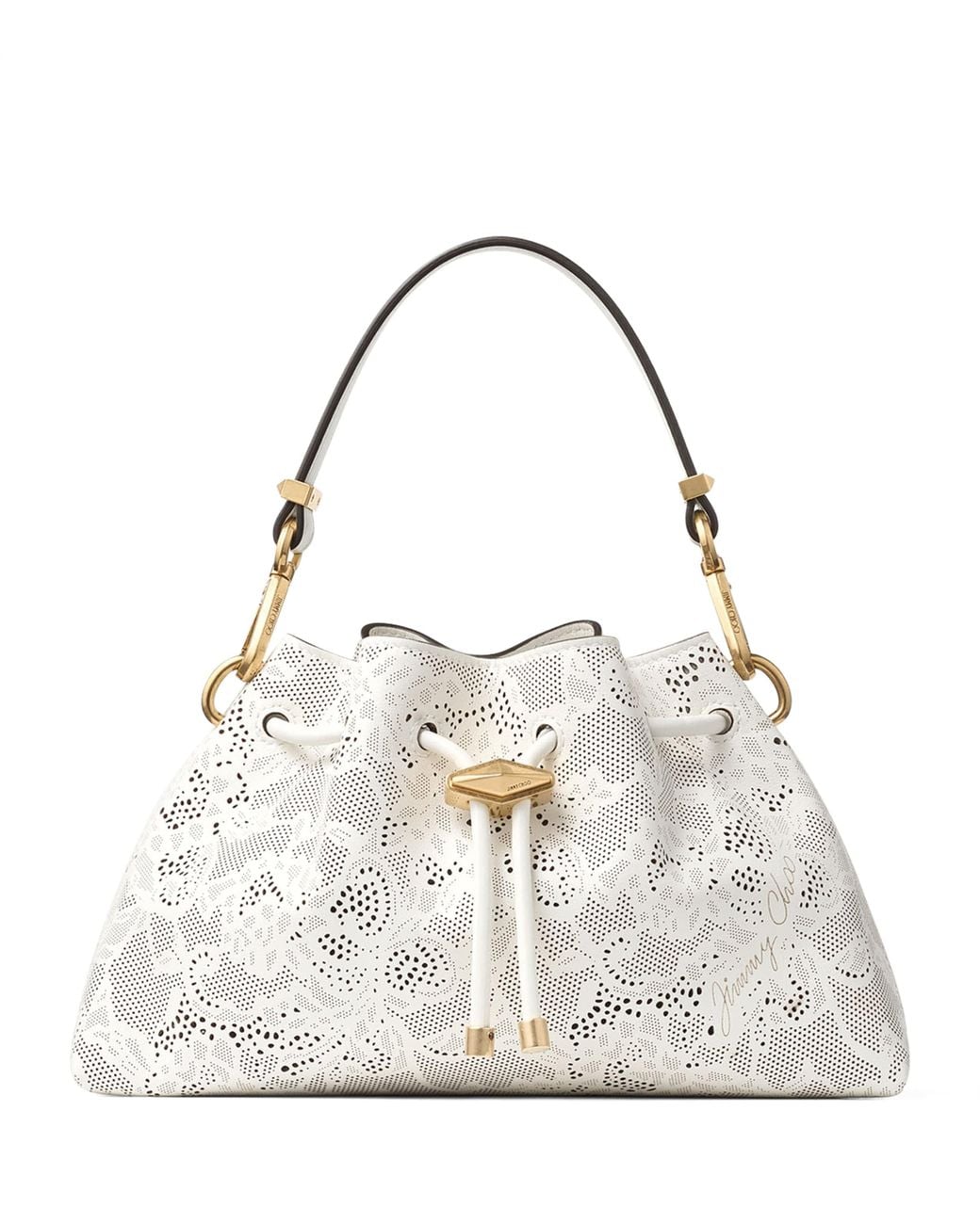 Jimmy Choo White Small Perforated Leather Cinch Shoulder Bag