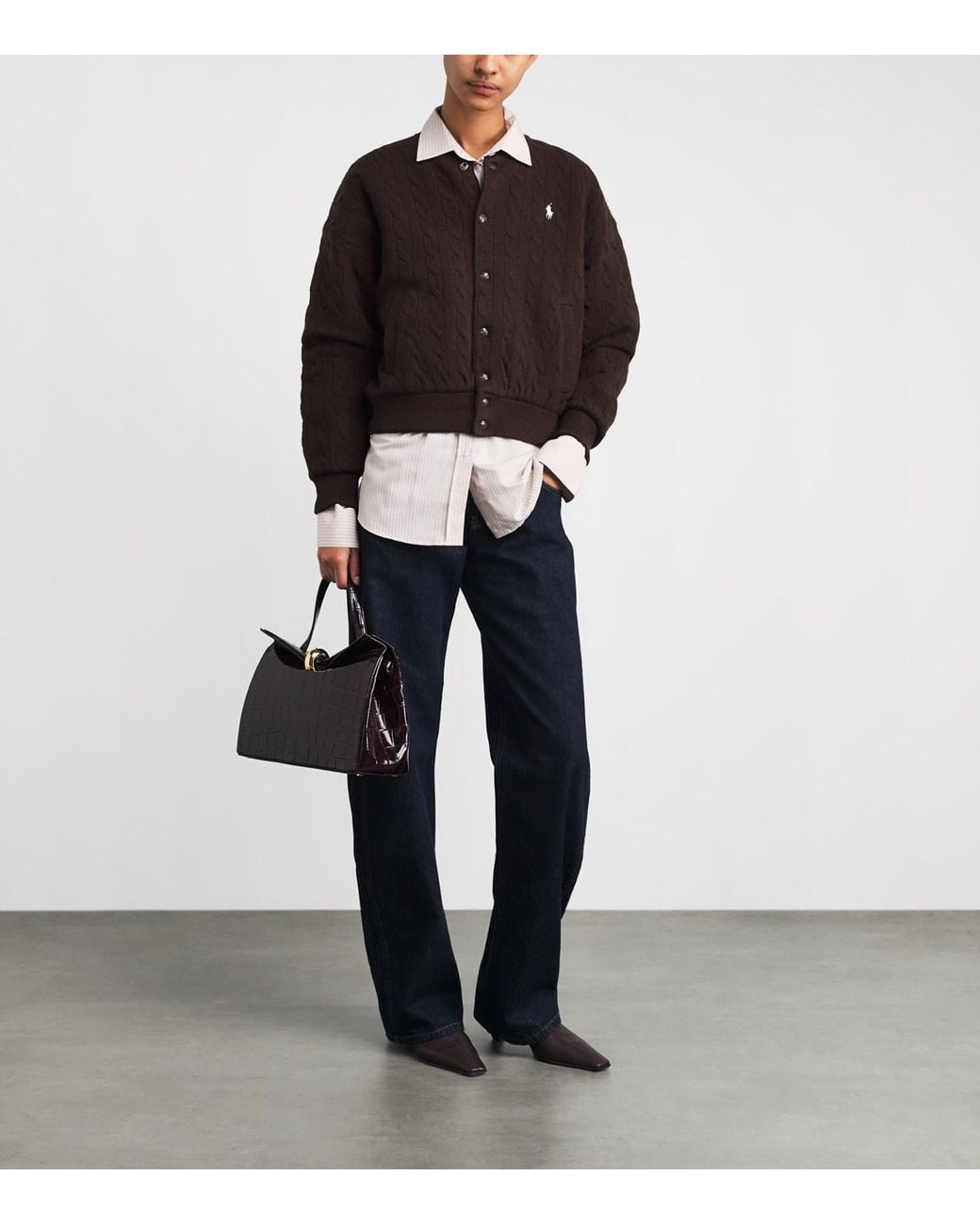 Polo Ralph Lauren Brown Wool-Cashmere Cable-Knit Bomber Jacket