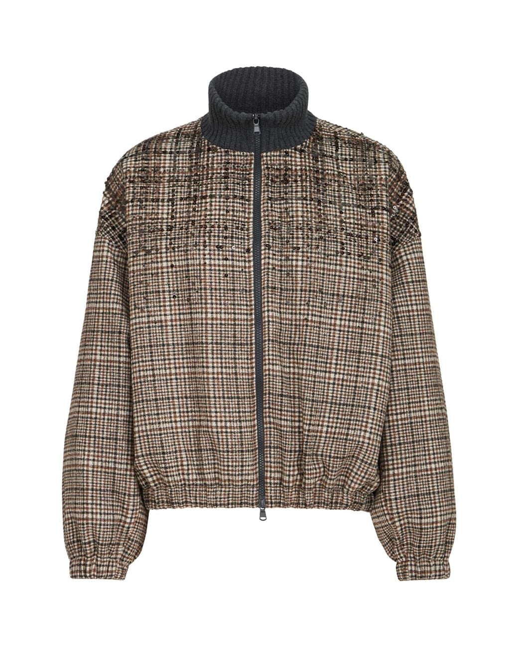 Brunello Cucinelli Brown Alpaca-Wool-Blend Check Bomber Jacket
