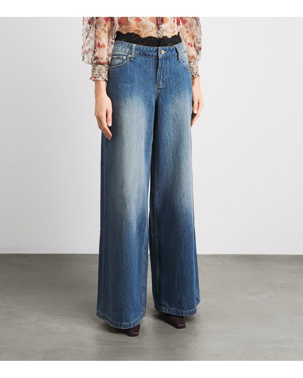 Alice + Olivia Blue Lace-Trim Ian Mid-Rise Wide-Leg Jeans