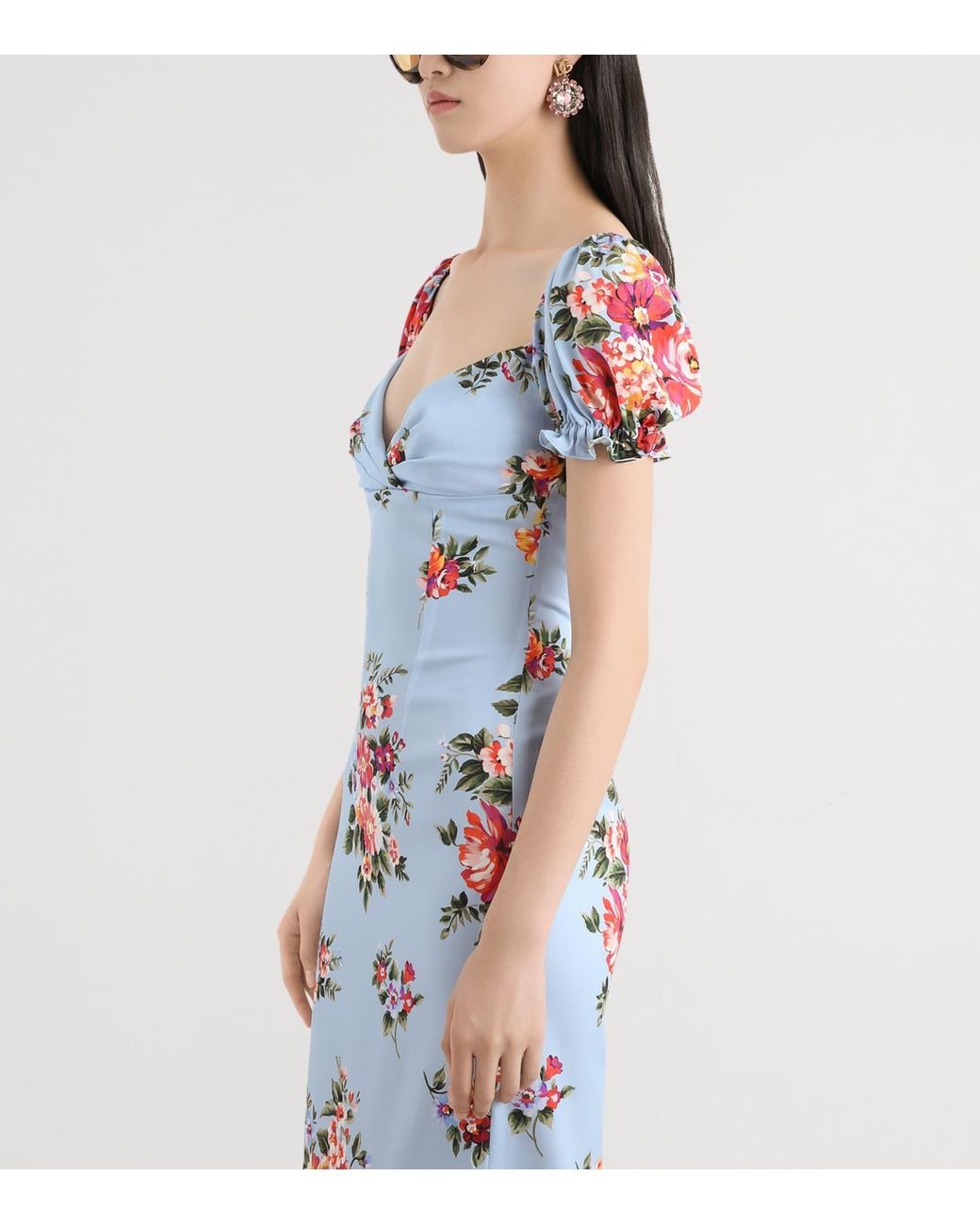 Dolce & Gabbana Blue Silk-Blend Bouquet Print Midi Dress