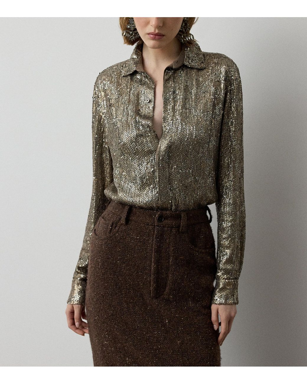 Ralph Lauren Brown Mulberry Silk Embellished Shirt