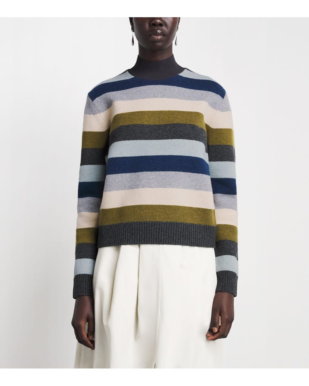 Tory Burch Blue Wool Stripe Funnel-Neck Sweater