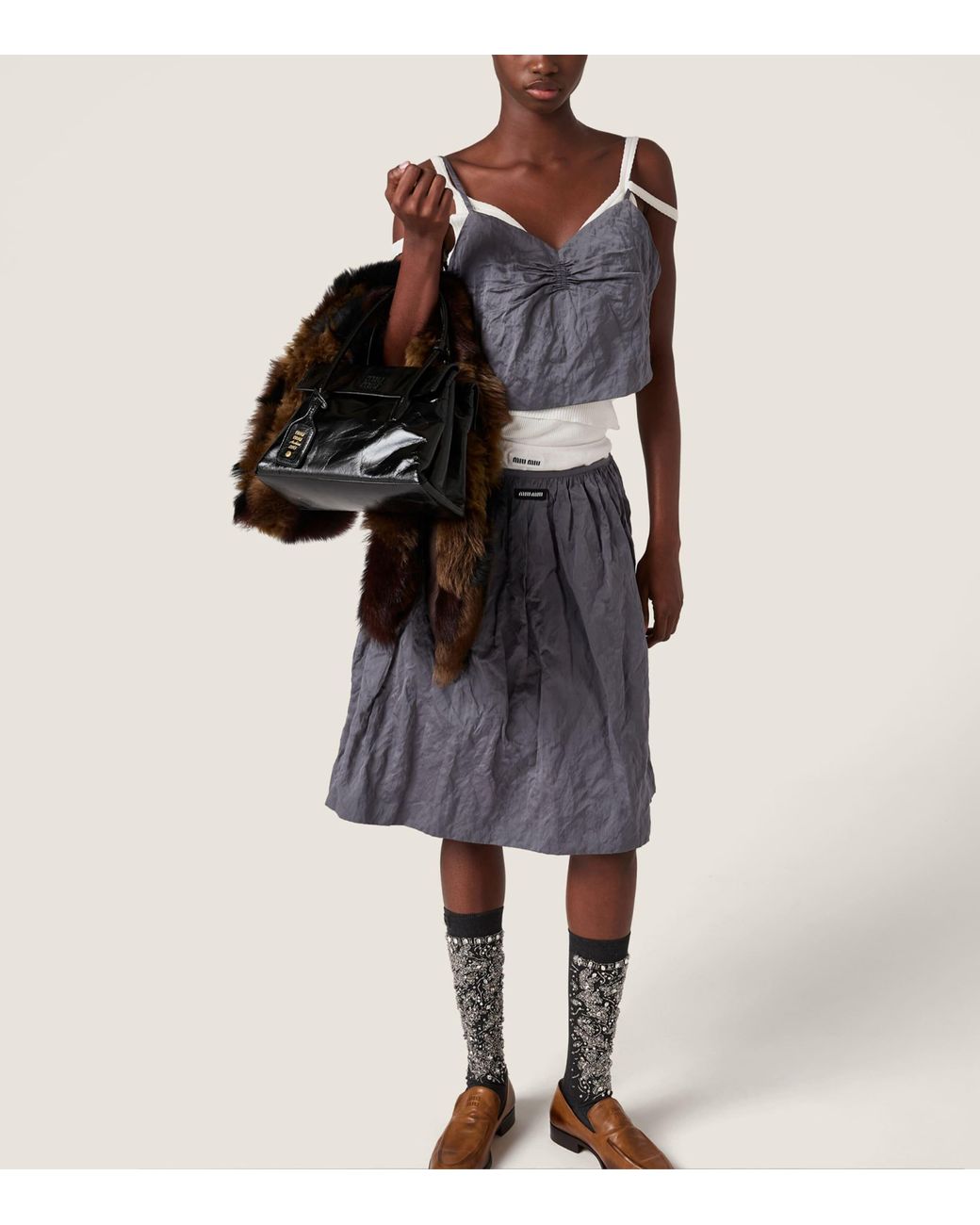 Miu Miu Gray Duchesse Gathered Top