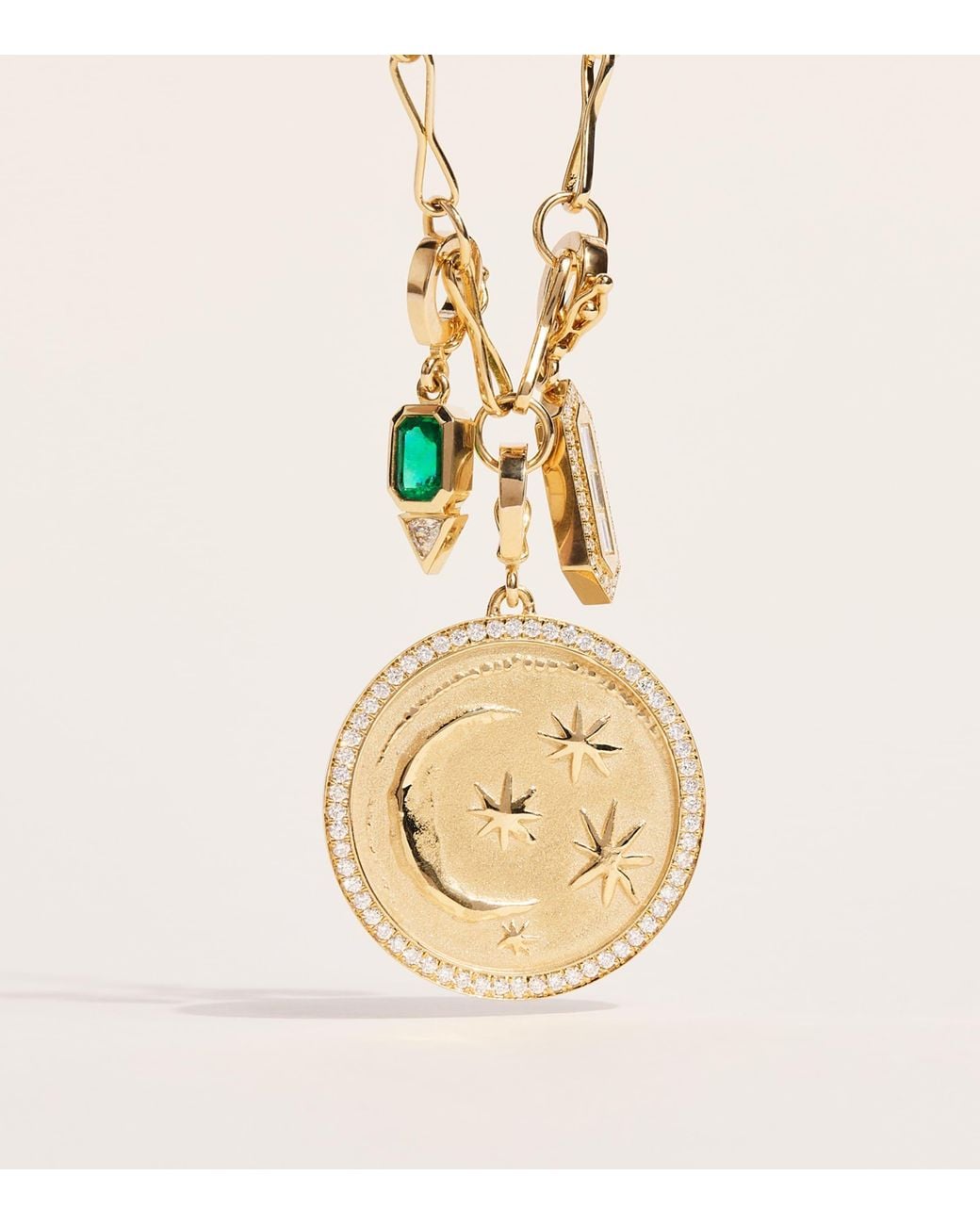 Azlee Metallic Diamond And Emerald Relic Charm Necklace
