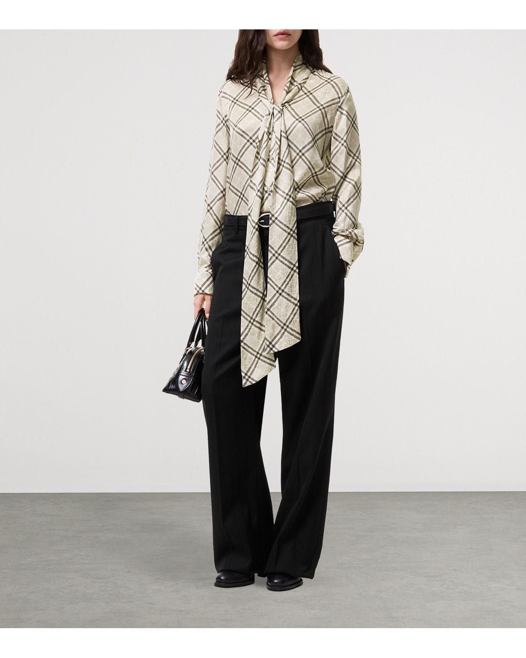 Burberry White Silk-Blend Check Scarf Blouse