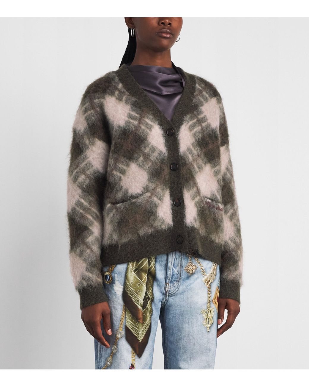 Acne Brown Argyle V-Neck Knit Cardigan