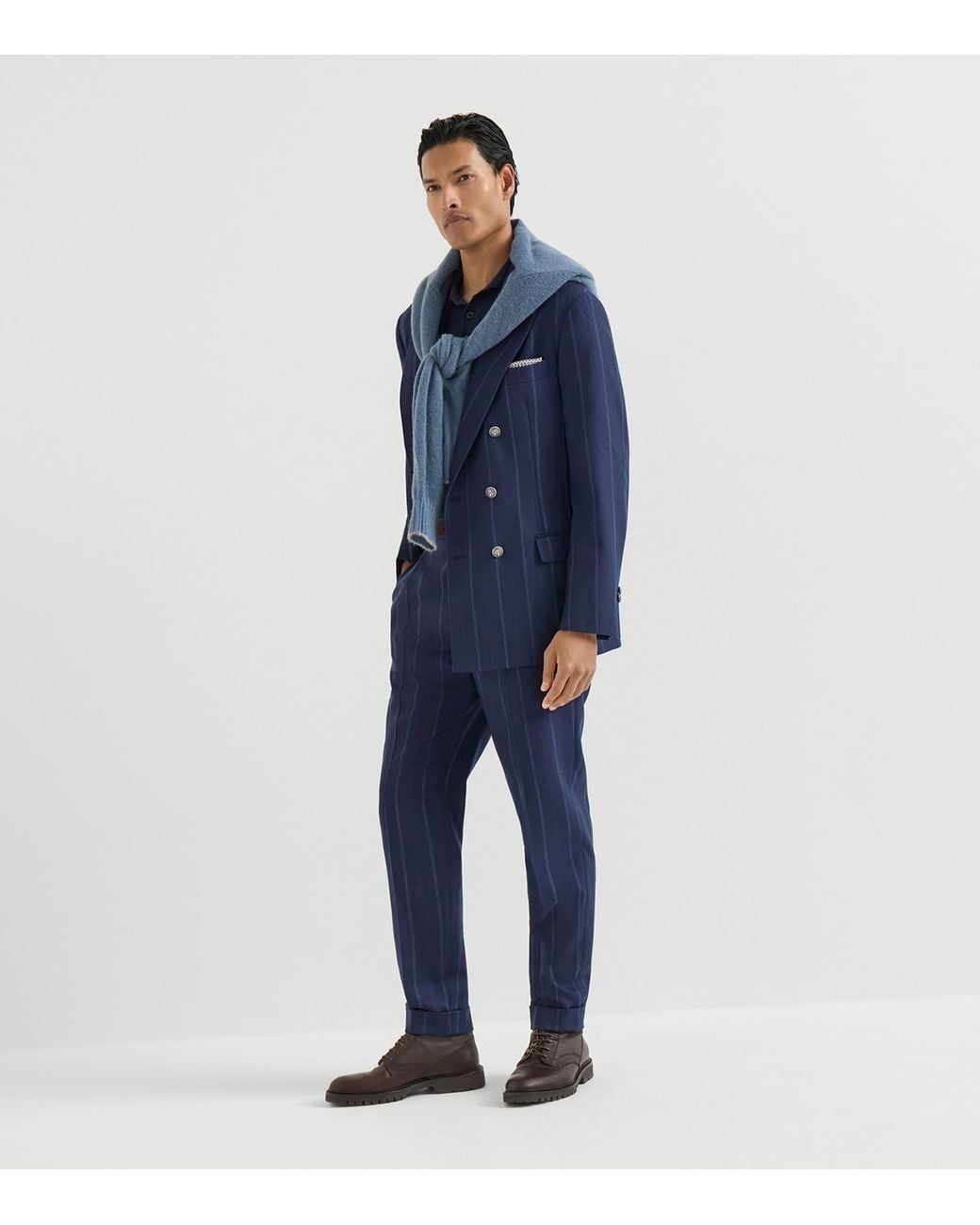 Brunello Cucinelli Blue Cotton Rib-Knit Polo Shirt for men
