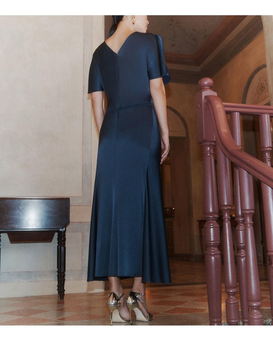 Marella Blue Satin Gathered Midi Dress