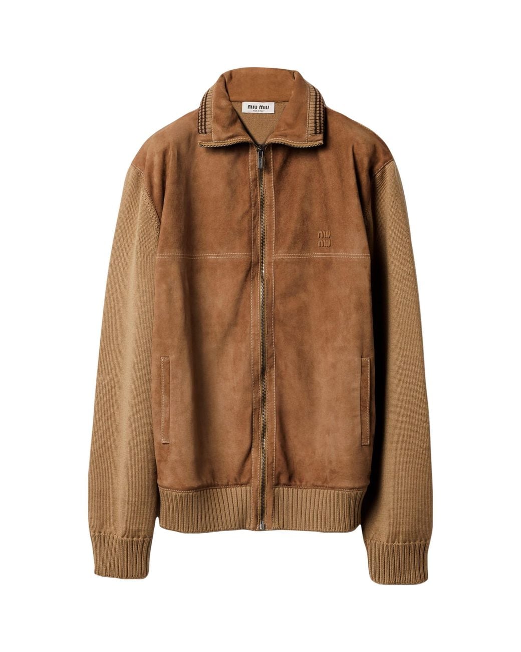 Miu Miu Brown Wool-Leather Zip Cardigan
