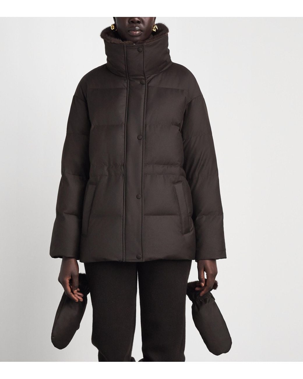 Yves Salomon Black Wool-Silk Fur-Trim Down Jacket