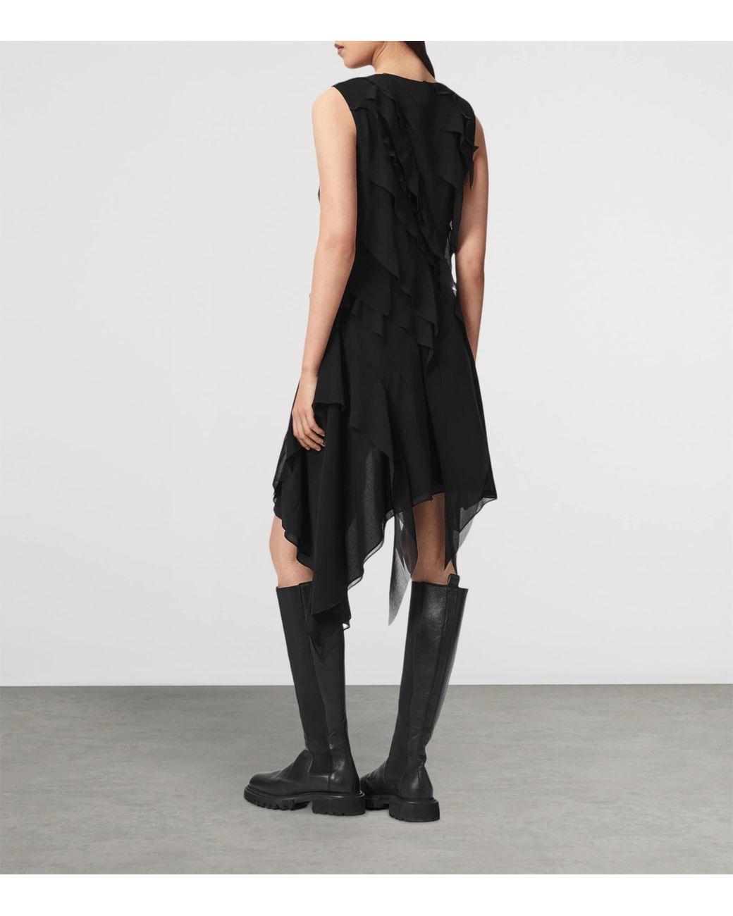 AllSaints Black Ruffled Asymmetric Angie Midi Dress