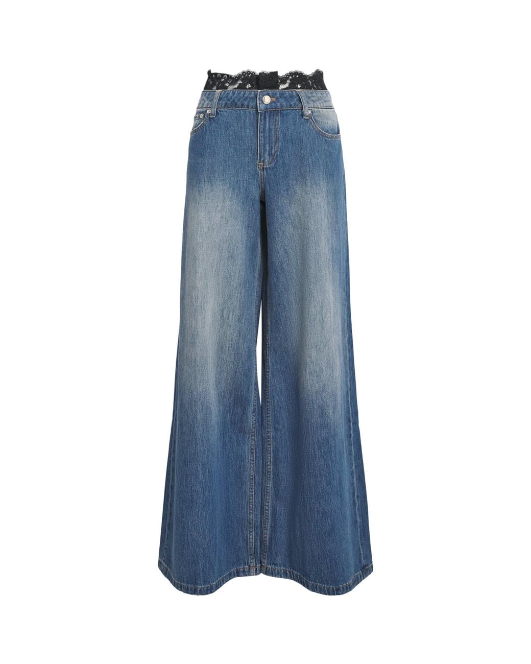 Alice + Olivia Blue Lace-Trim Ian Mid-Rise Wide-Leg Jeans