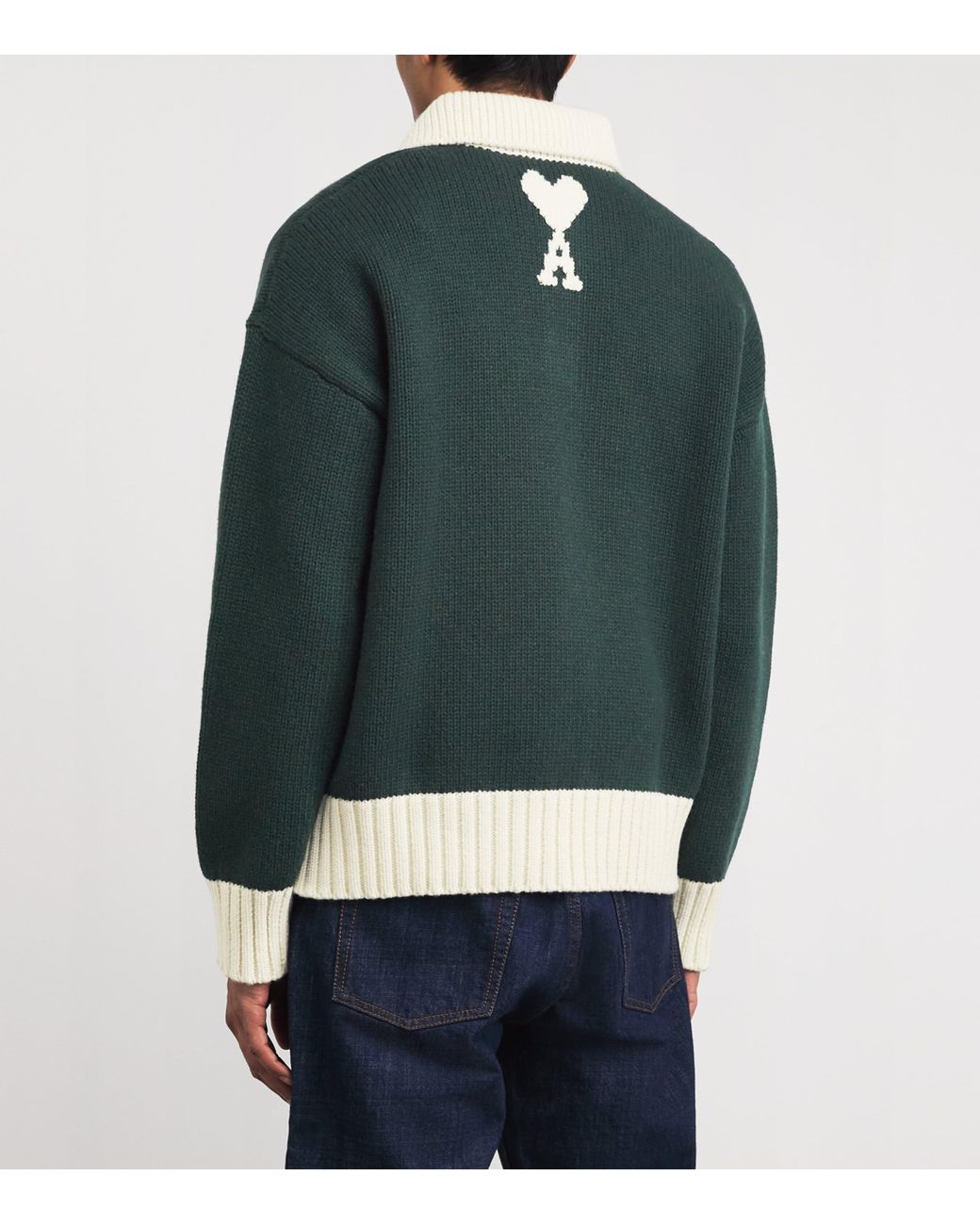 AMI Green Wool-Blend Intarsia Polo Sweater for men