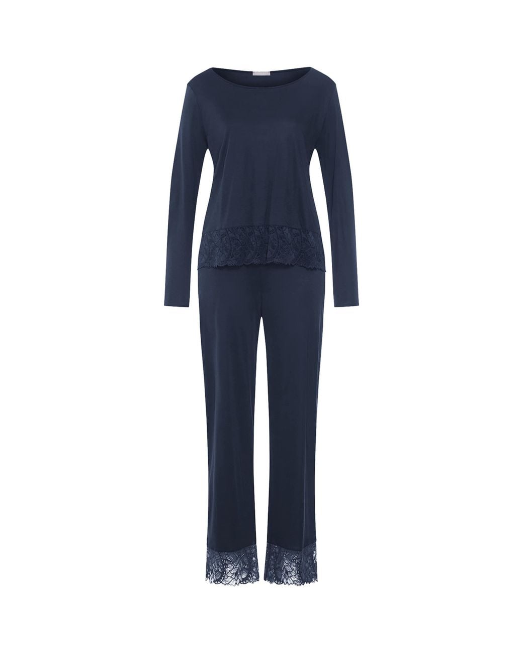 Hanro Blue Lace-Trim Long-Sleeve Pyjamas
