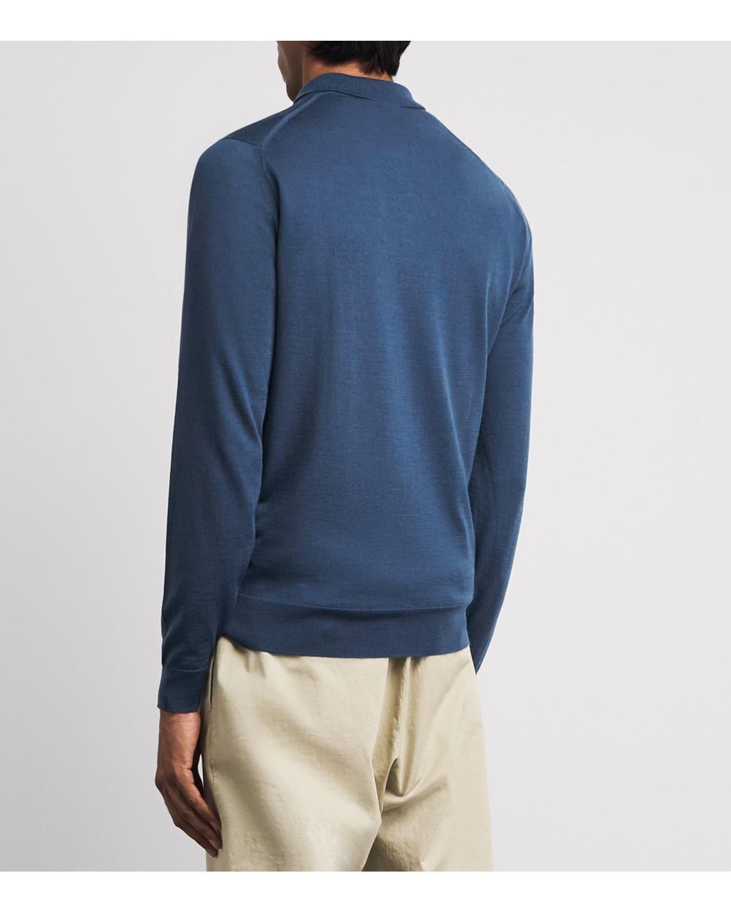 John Smedley Blue Merino Wool Long-Sleeve Polo Shirt for men