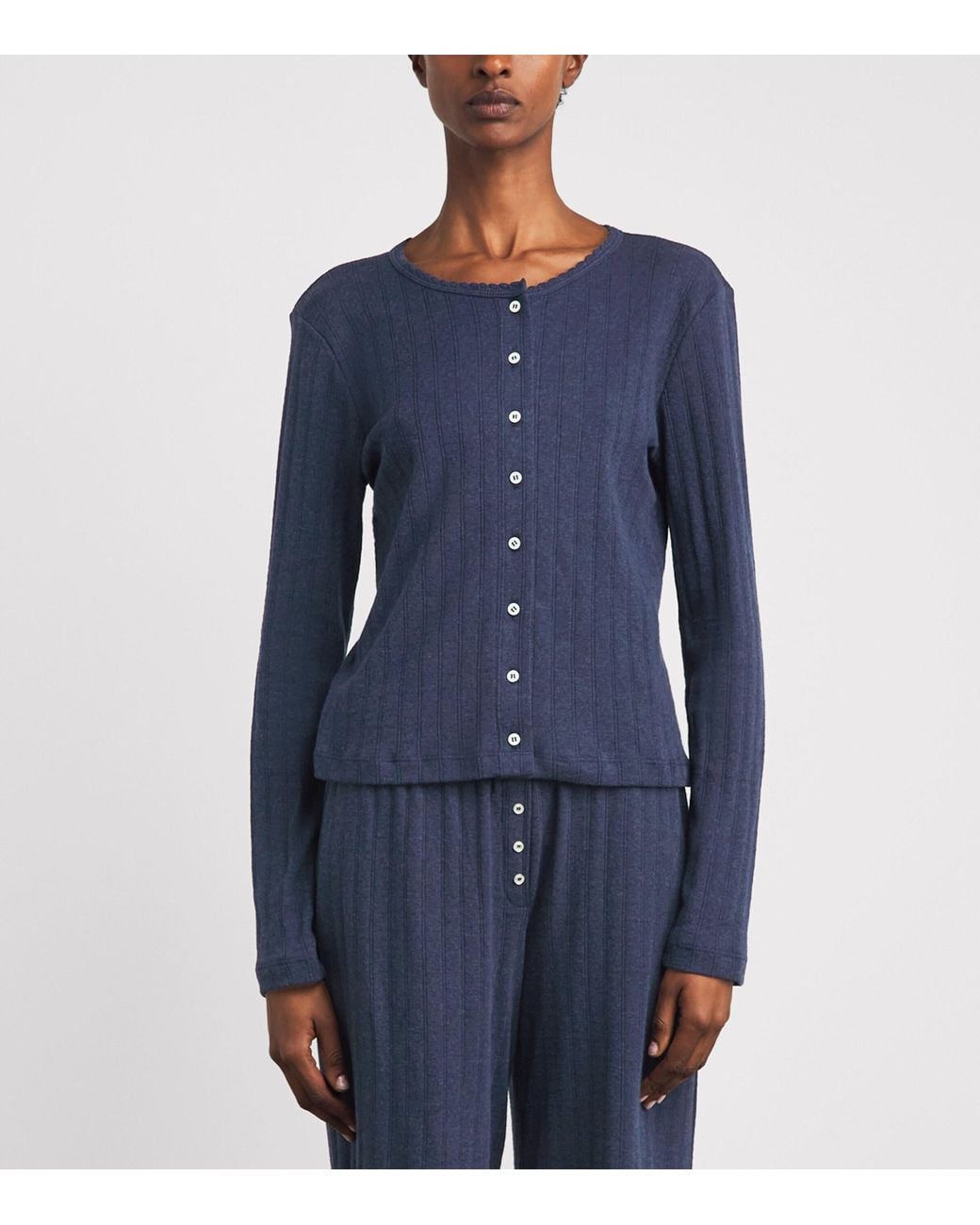 Leset Blue Cotton Pointelle Cardigan