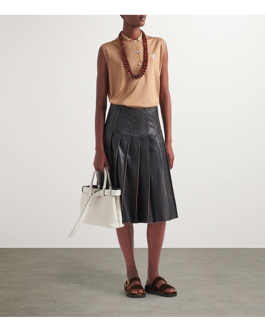 Prada Black Leather Pleated Midi Skirt