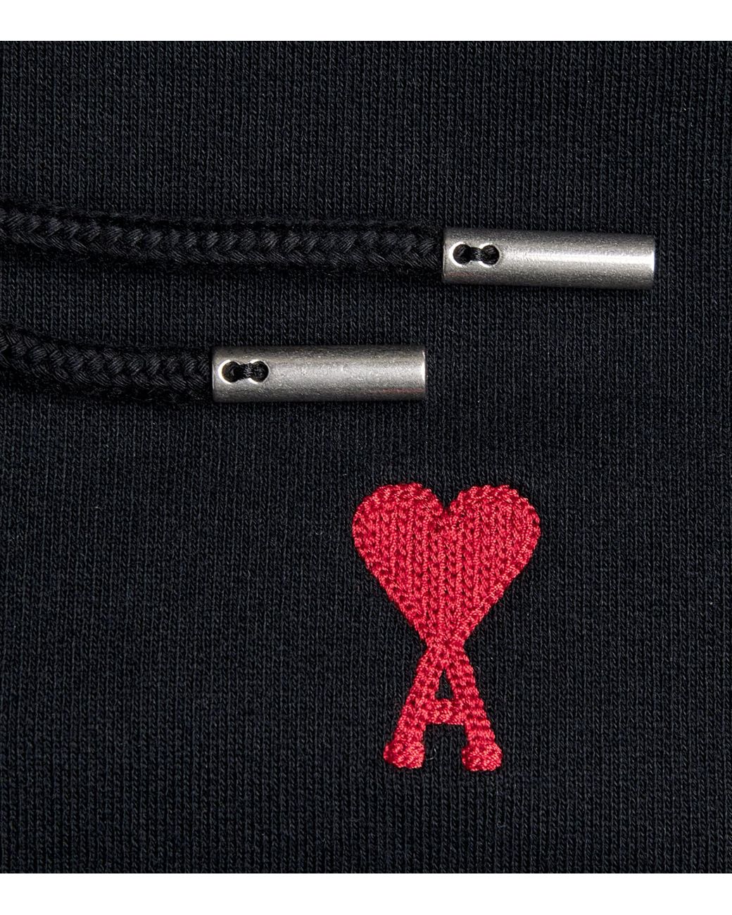 AMI Black Cotton Embroidered Ami De Coeur Logo Hoodie for men