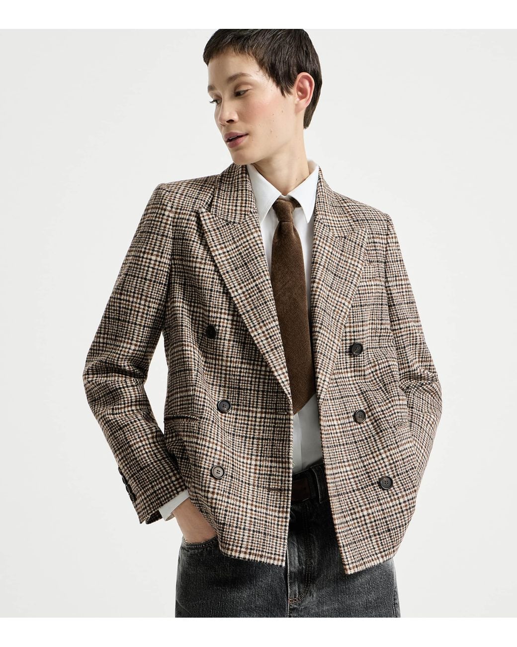 Brunello Cucinelli Brown Alpaca-Blend Check Blazer