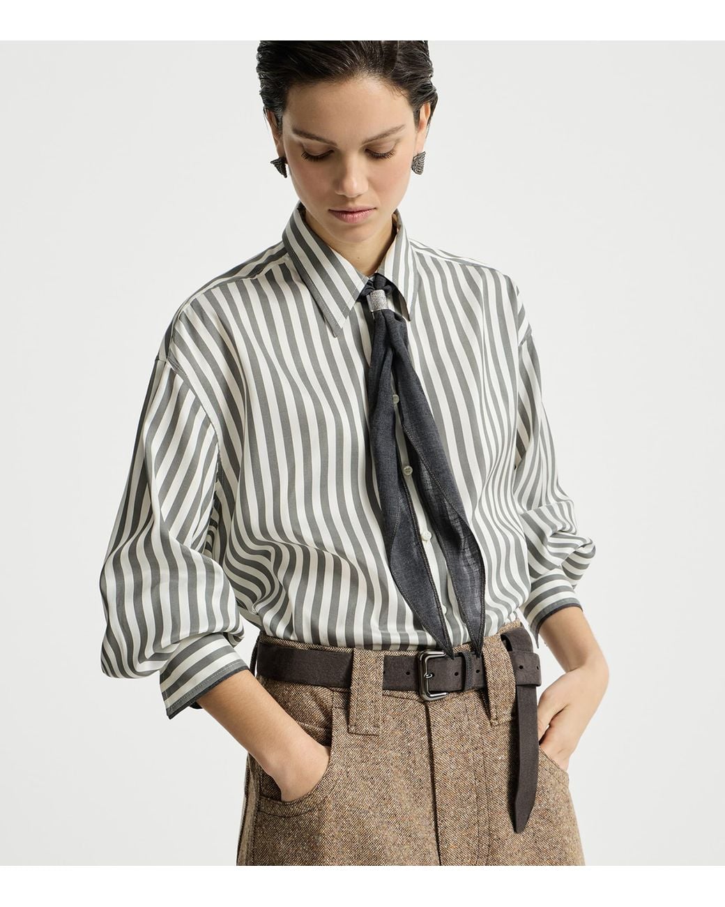 Brunello Cucinelli White Silk Poplin Foulard-Detail Shirt