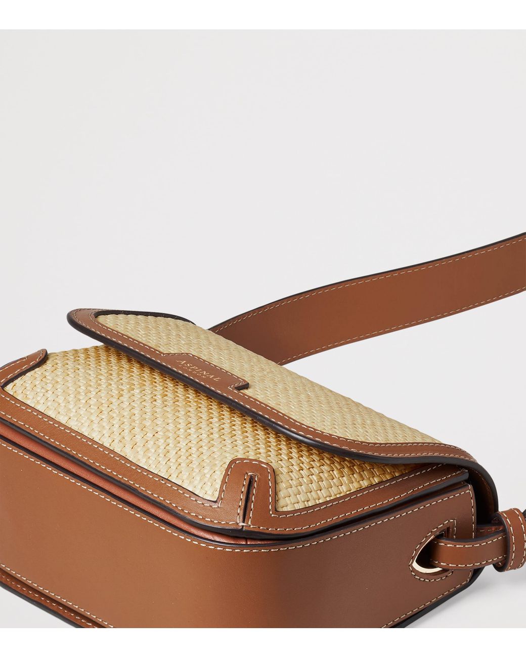 Aspinal Brown Leather Raffia-Front Ella Cross-Body Bag