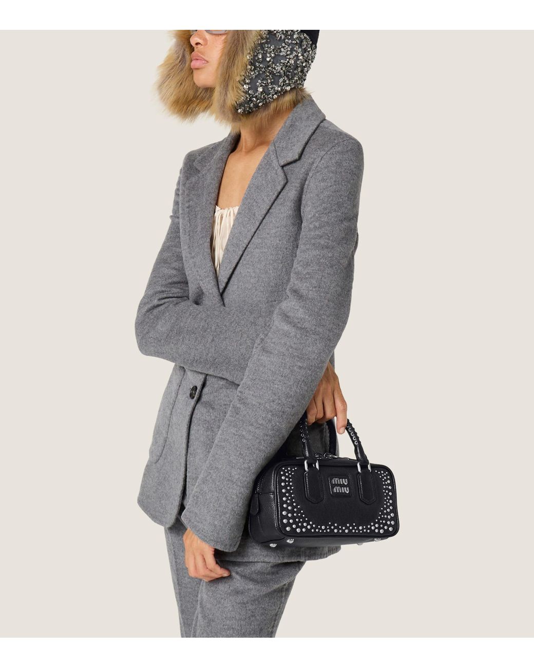 Miu Miu Black Leather Studded Arcadie Top-Handle Bag