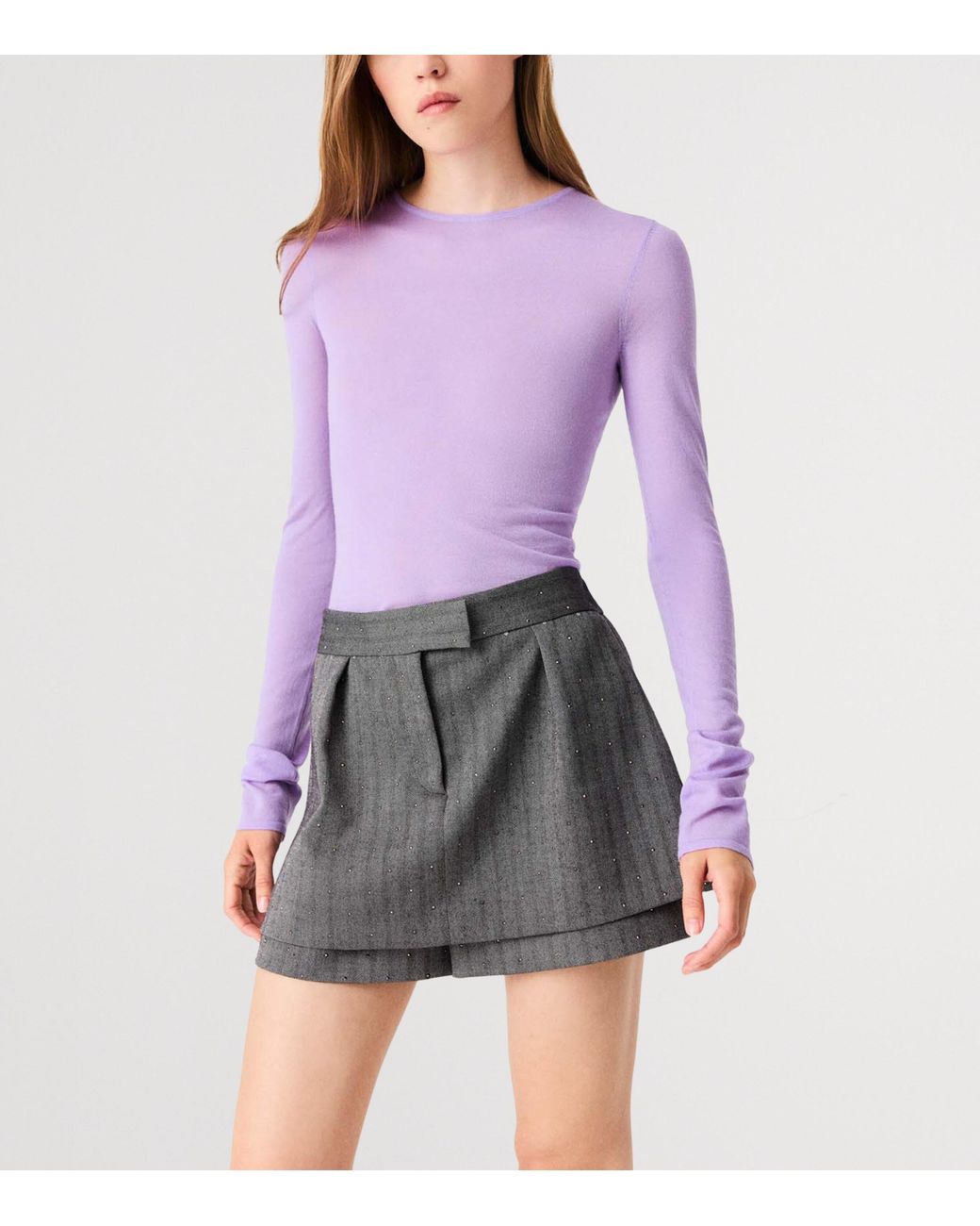 Maje Gray Striped Rhinestone-Embellished Skort