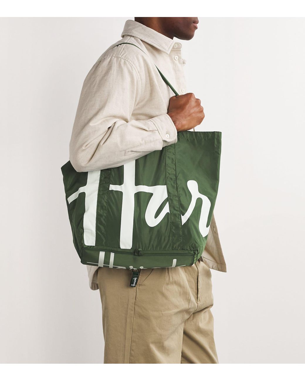 Harrods Green Logo Pocket Shopper Bag