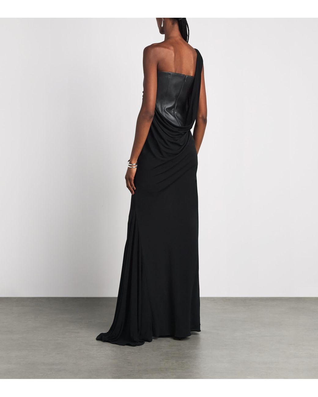 Alex Perry Black Leather-Jersey Asymmetric Gown