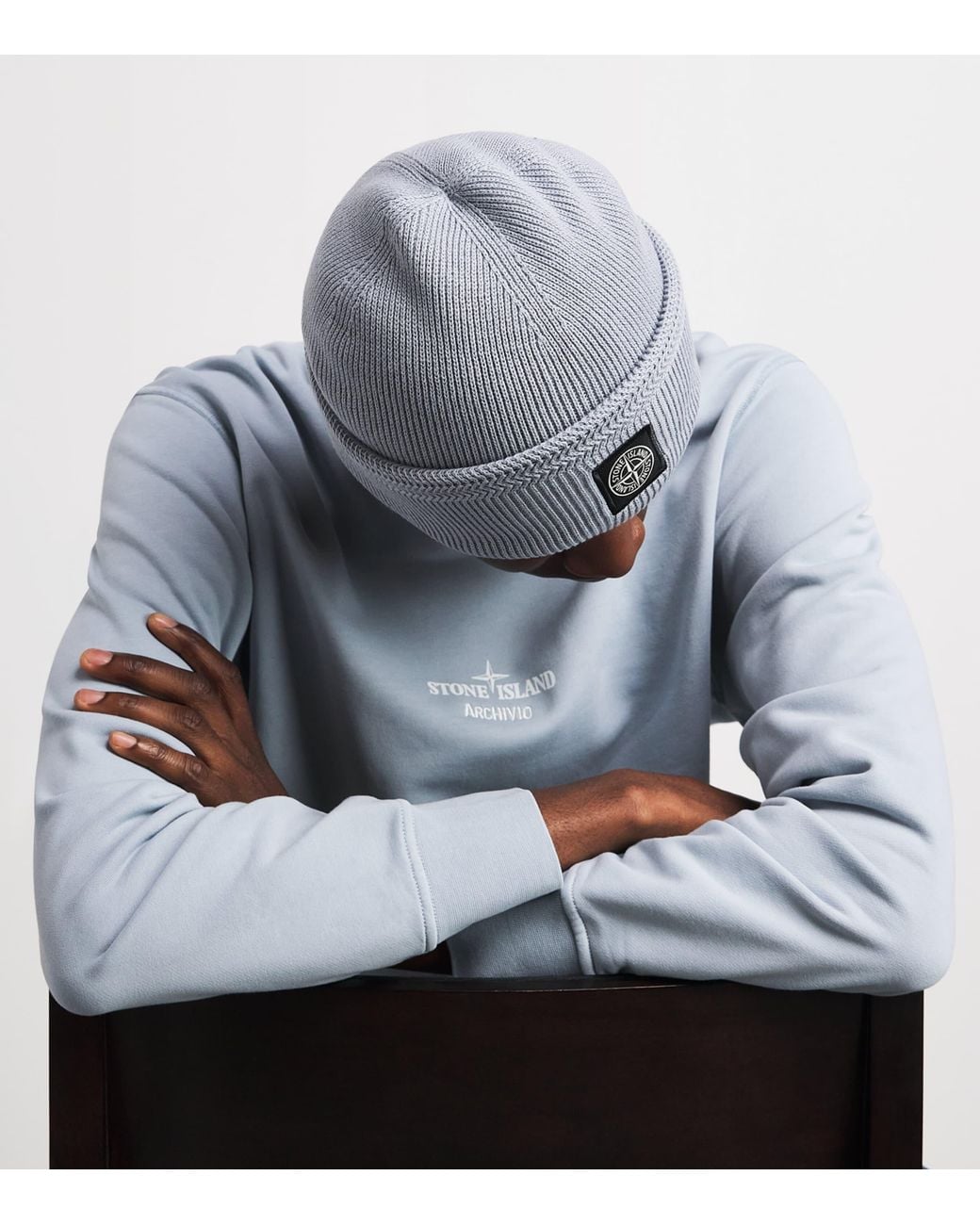 Stone Island Gray Cotton Compass Patch Beanie for men