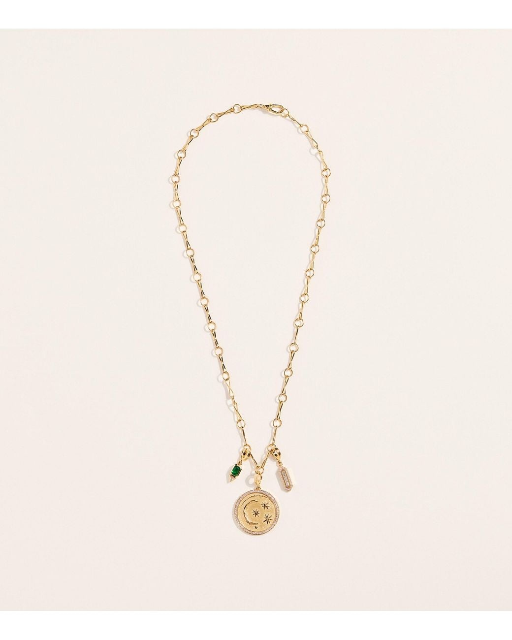 Azlee Metallic Diamond And Emerald Relic Charm Necklace