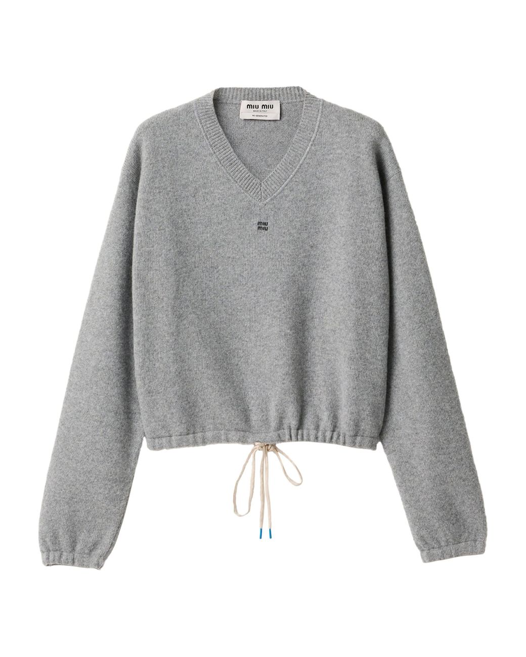 Miu Miu Gray Wool-Cashmere Cropped V-Neck Sweater