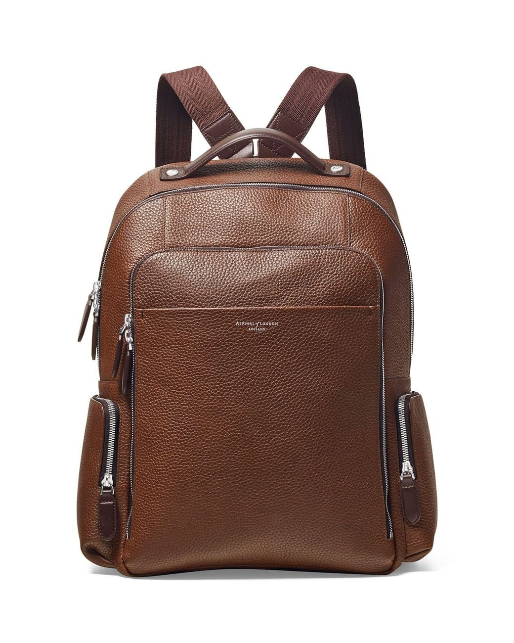 Aspinal Brown Pebble Leather Reporter Zipped Backpack
