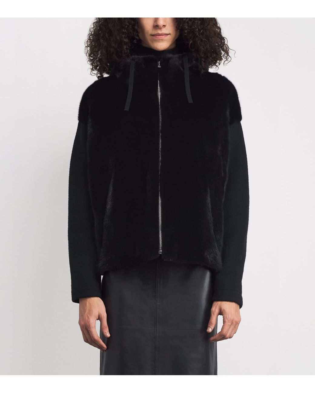 Yves Salomon Black Mink-Wool-Silk Zip-Up Hoodie
