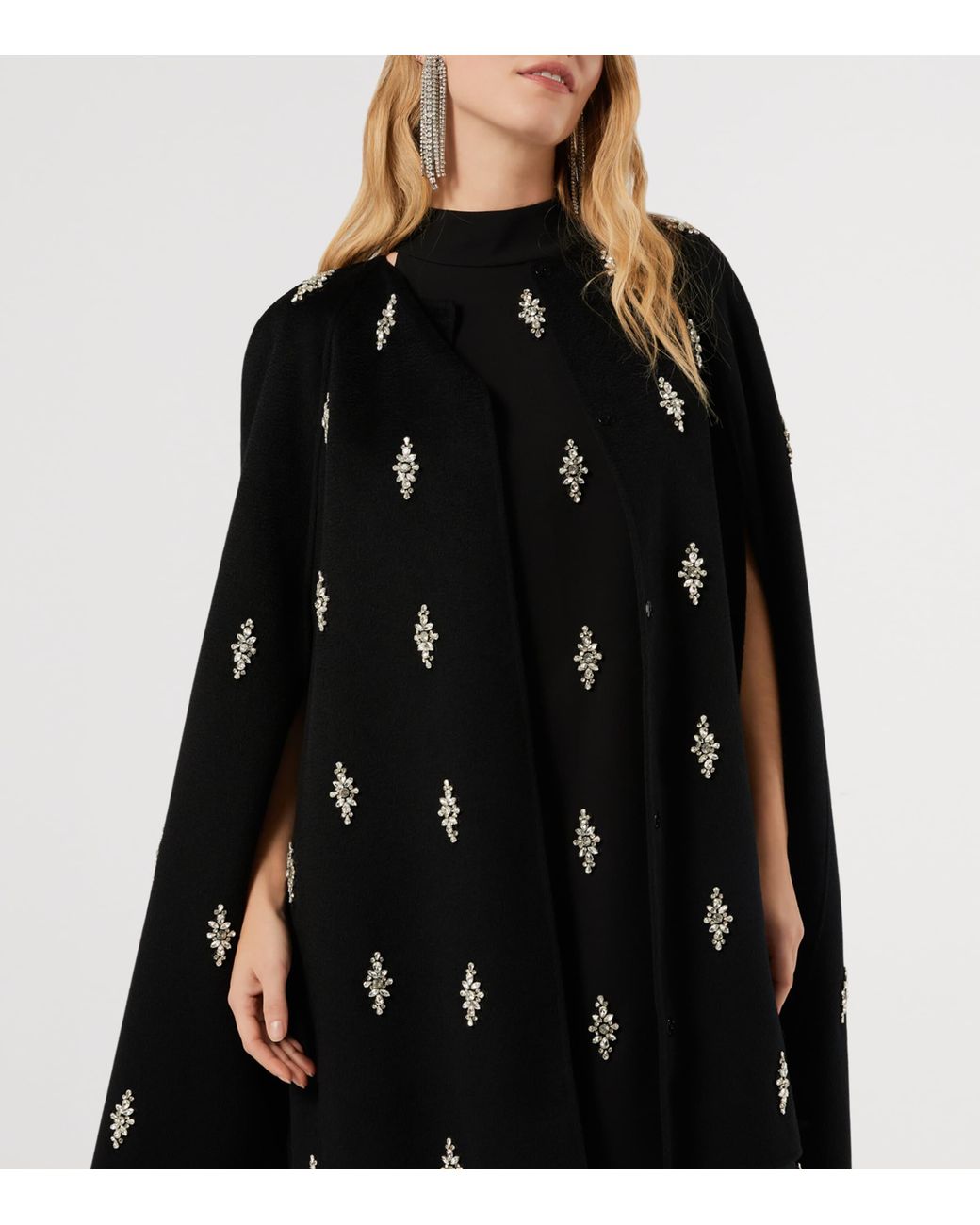 Marina Rinaldi Black Virgin Wool Embellished Cape Coat