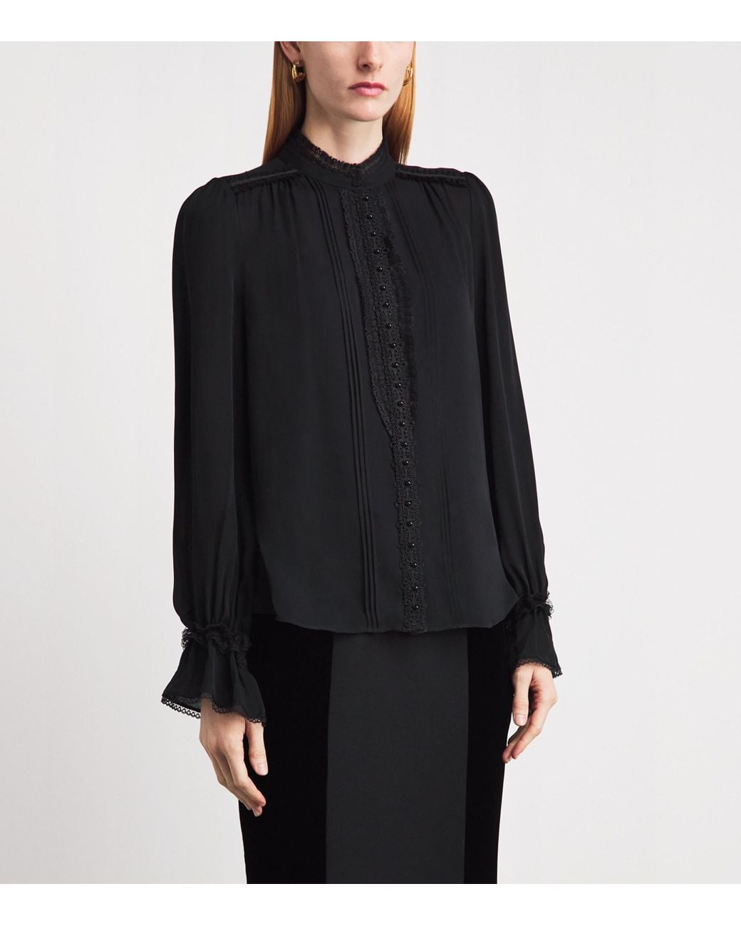 ME+EM Black Silk Lace-Trim Blouse