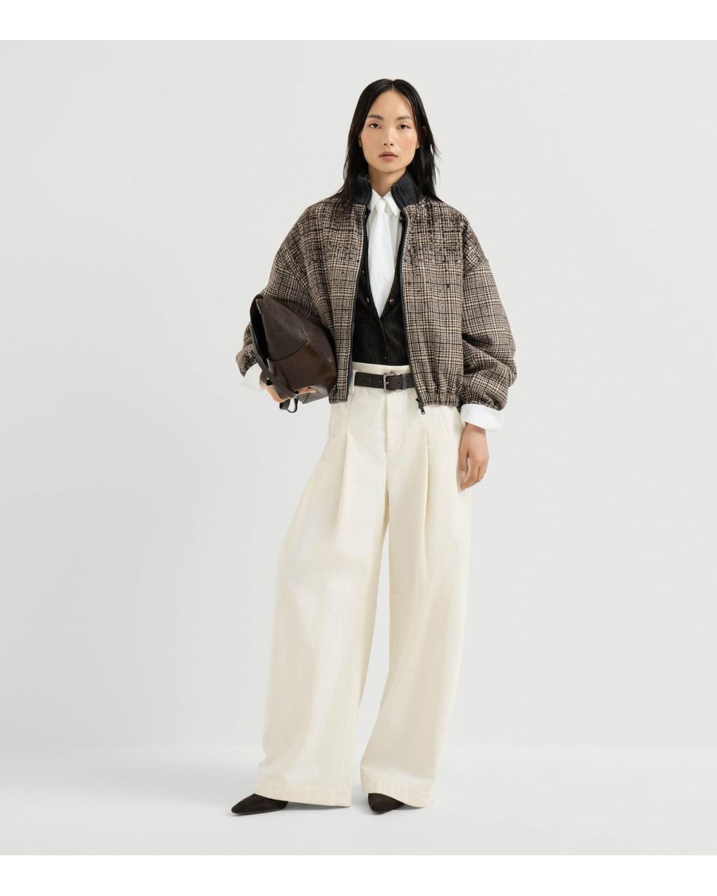 Brunello Cucinelli Brown Alpaca-Wool-Blend Check Bomber Jacket