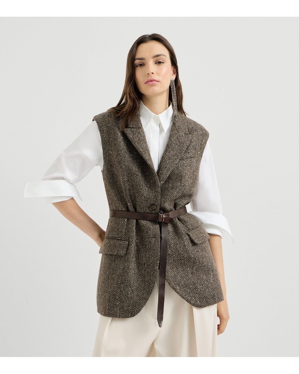 Brunello Cucinelli Brown Wool-Blend Sleeveless Blazer