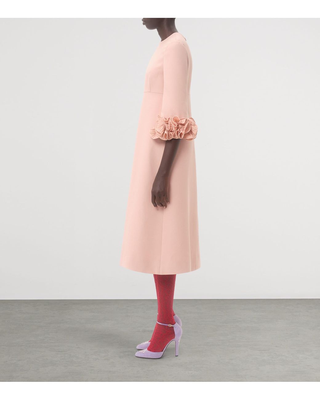 Valentino Pink Wool-Silk Floral-Sleeve Midi Dress