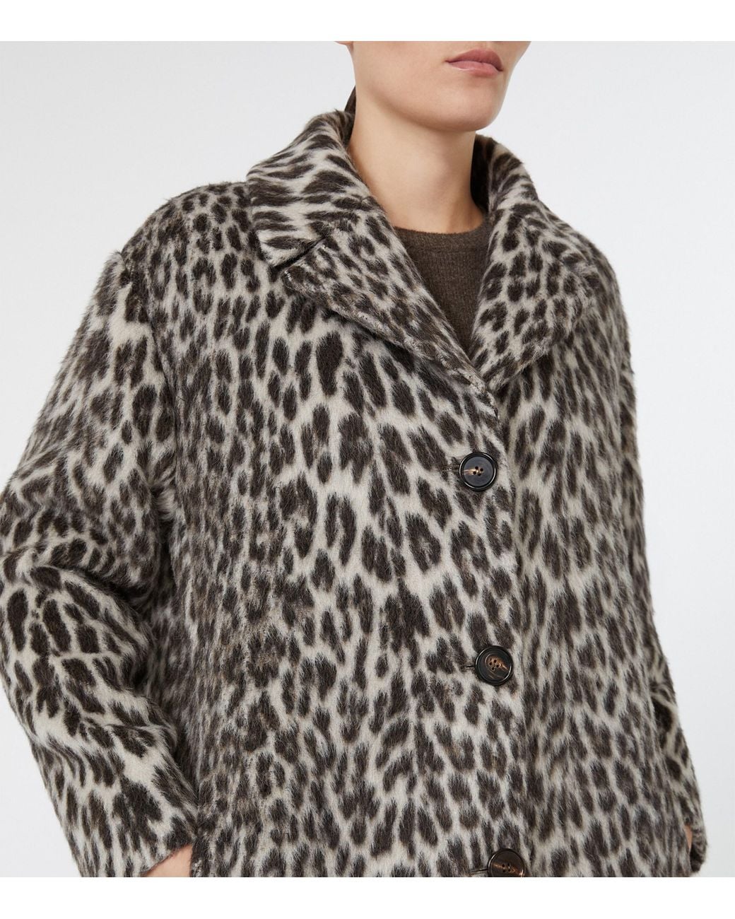 Max Mara Gray Wool-Alpaca Leopard Print Overcoat