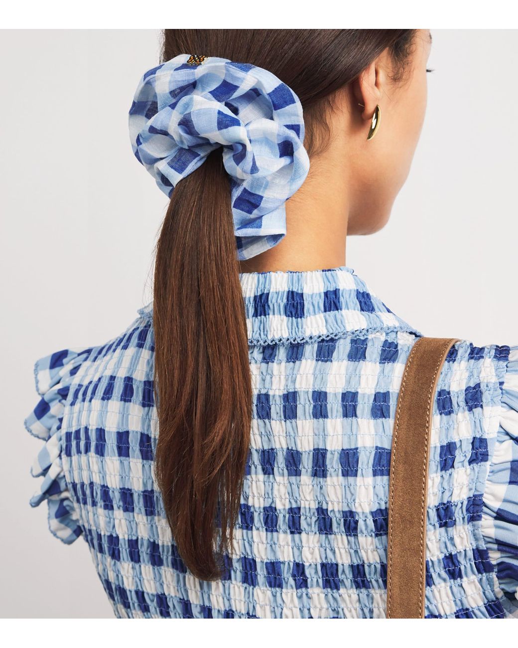 Sandro Blue Linen-Blend Gingham Scrunchie