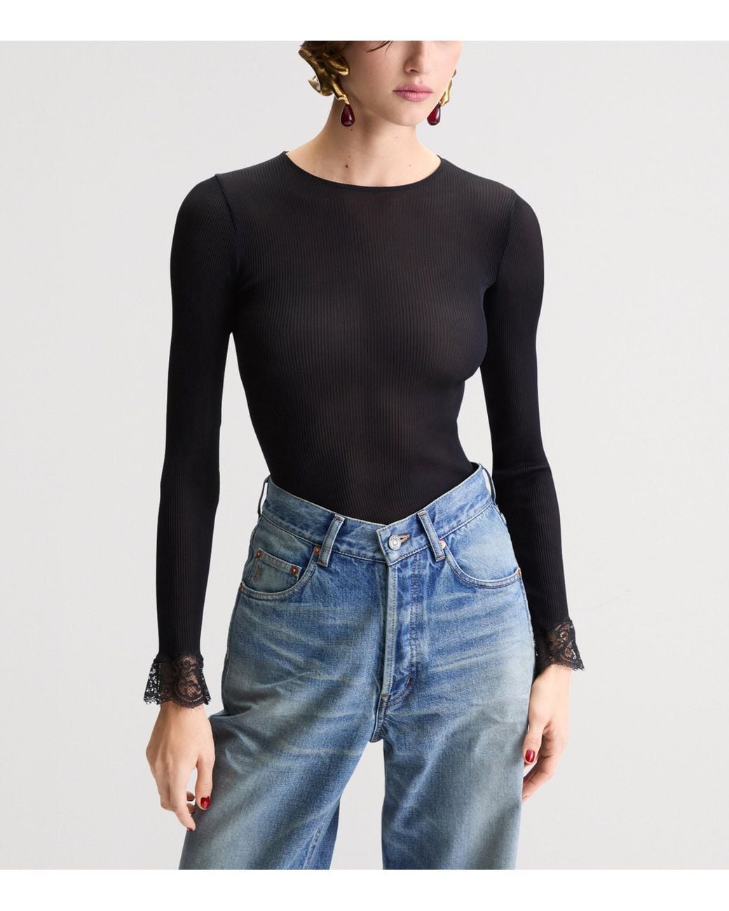 Saint Laurent Black Silk Lace-Trim Cassandre T-Shirt