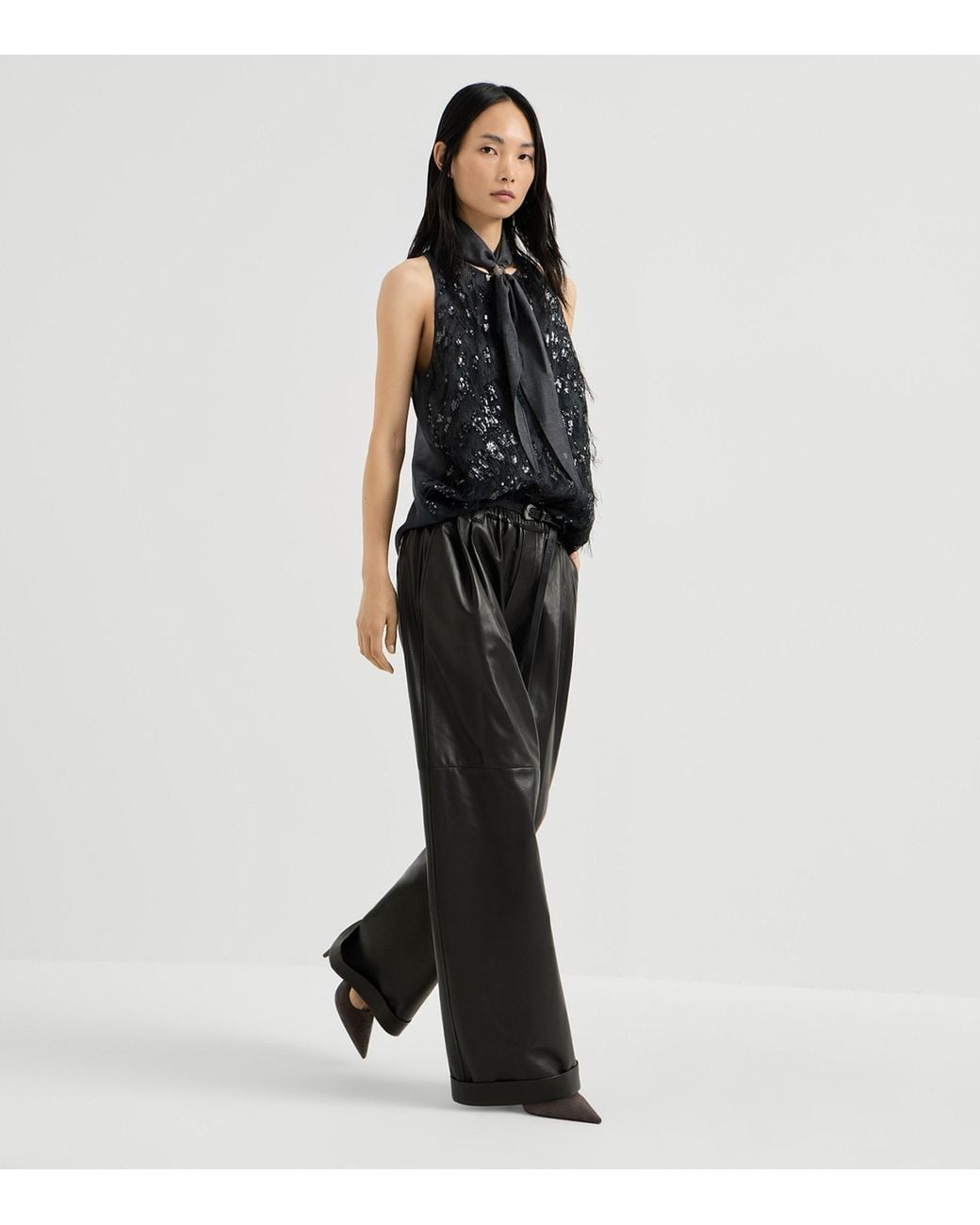 Brunello Cucinelli Black Nappa Leather Wide-Leg Trousers