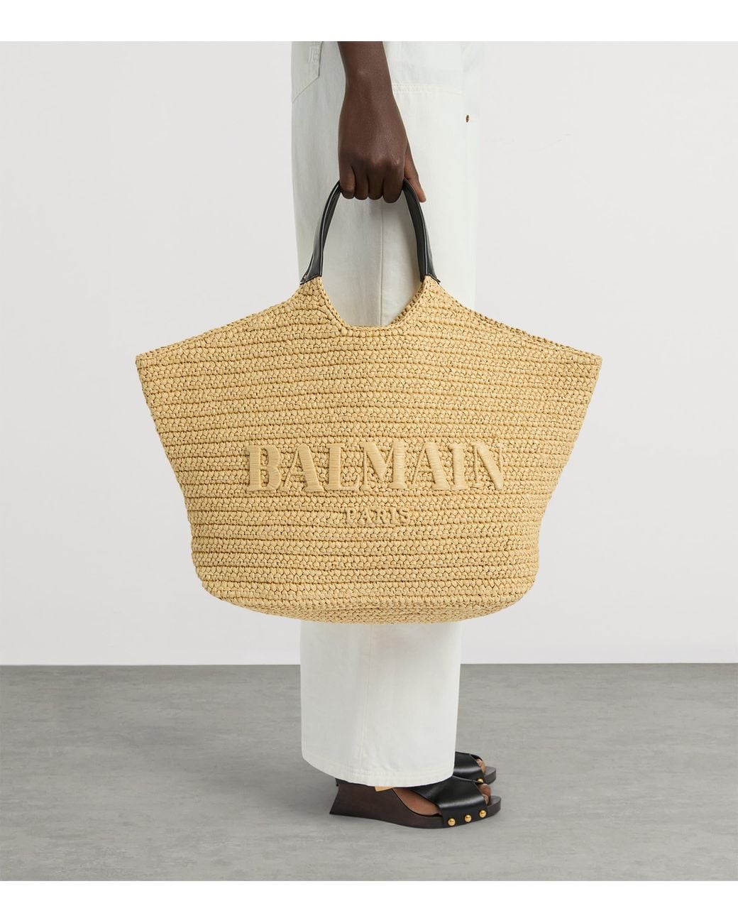 Balmain Natural Faux Raffia Logo Tote Bag