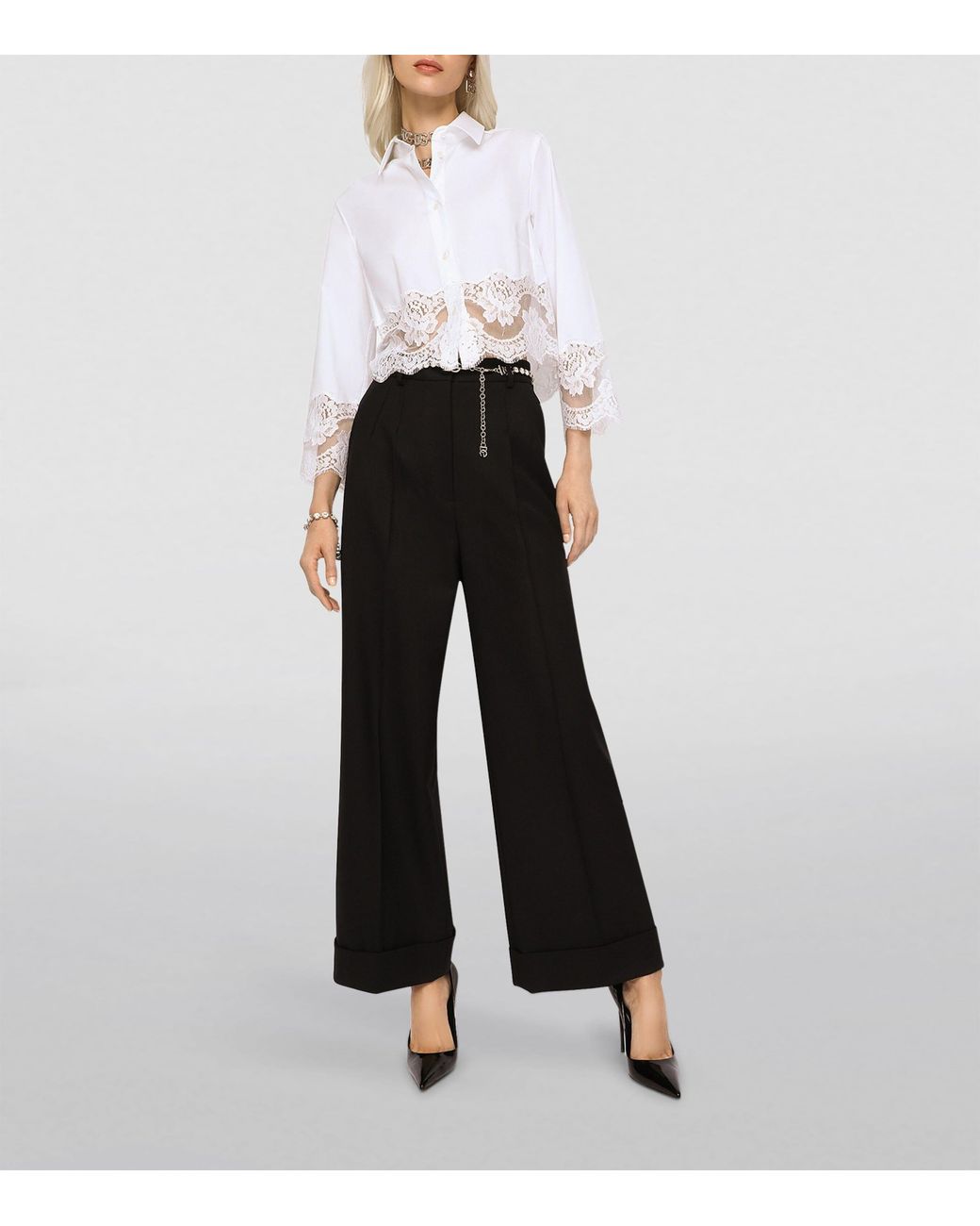 Dolce & Gabbana White Cropped Lace-Trim Shirt