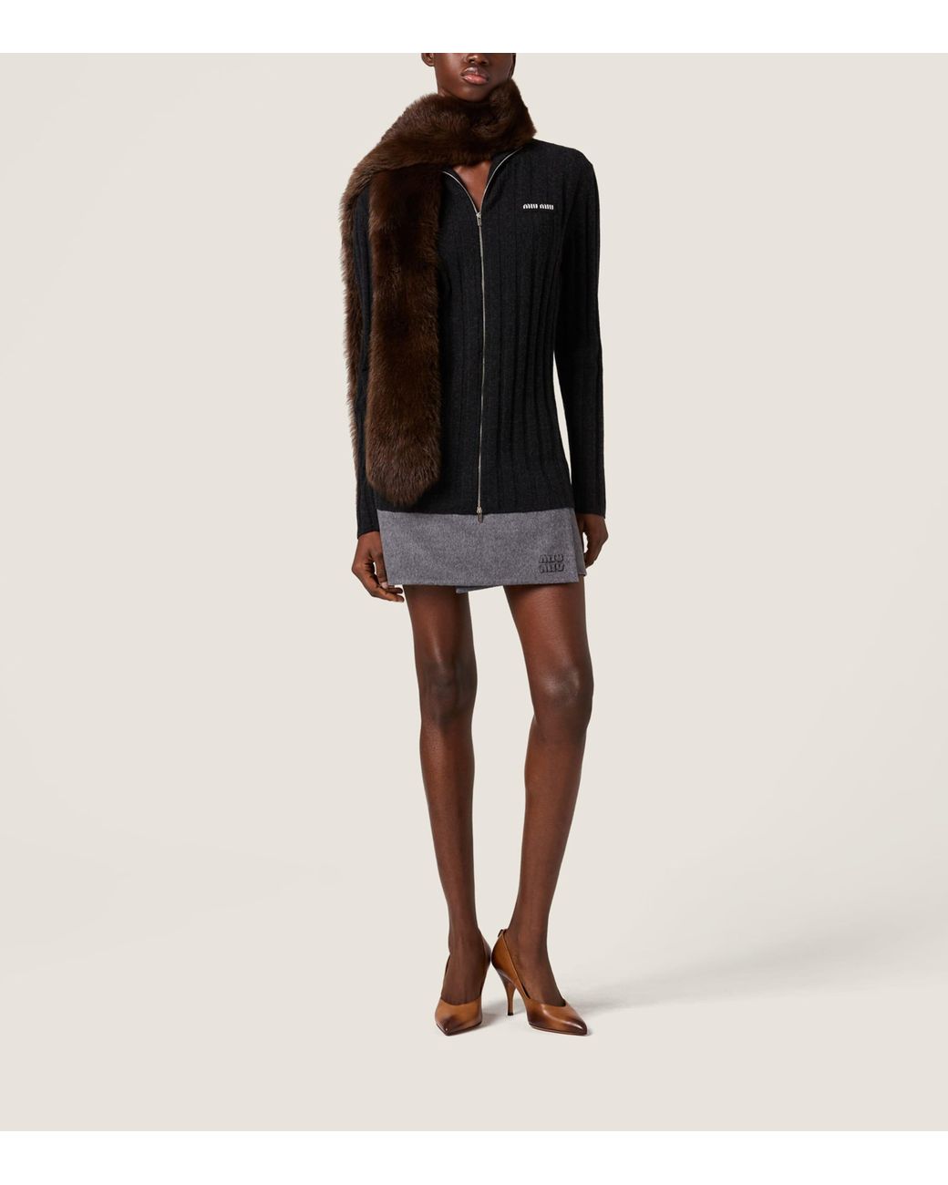 Miu Miu Black Wool-Cashmere Ribbed Cardigan